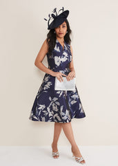 Petite Cassy Jaquard Floral Midi Dress Navy/Multi