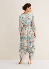 Floral Print Pleated Midi Wrap Dress with Belt Multi-Coloured