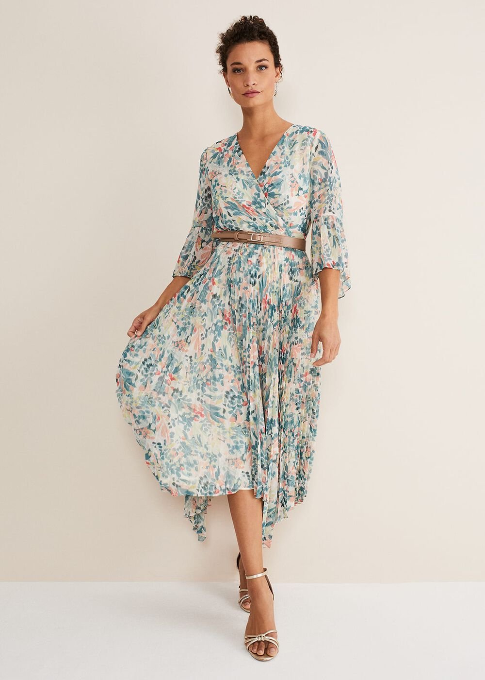 Floral Print Pleated Midi Wrap Dress with Belt Multi-Coloured