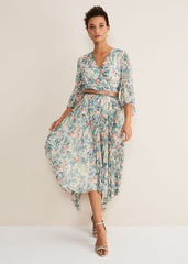 Floral Print Pleated Midi Wrap Dress with Belt Multi-Coloured
