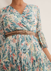 Floral Print Pleated Midi Wrap Dress with Belt Multi-Coloured