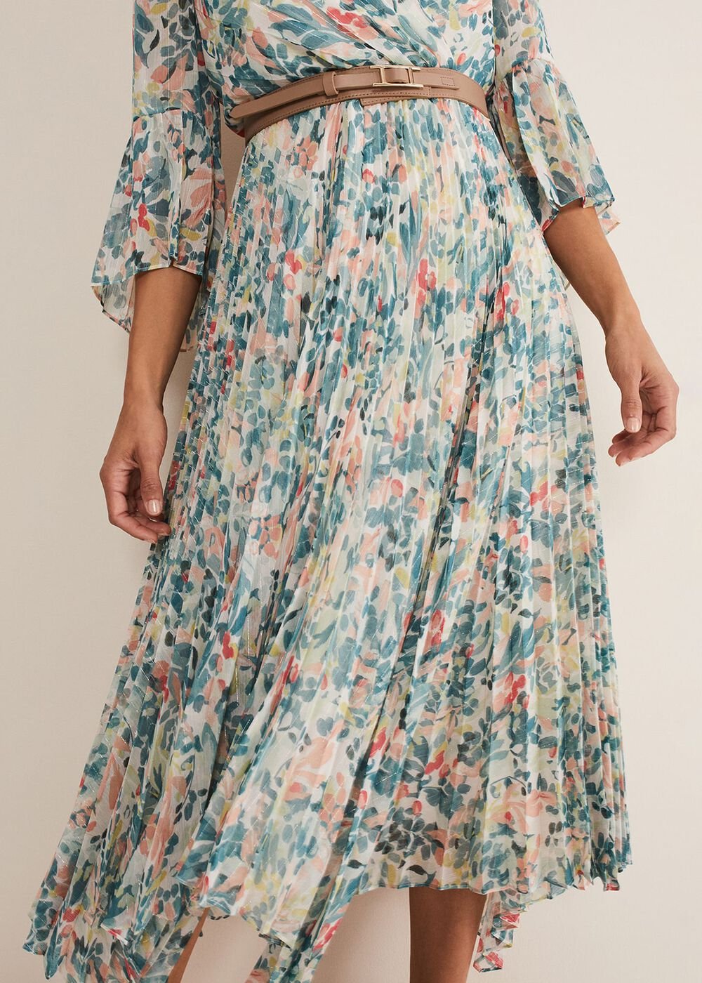 Floral Print Pleated Midi Wrap Dress with Belt Multi-Coloured