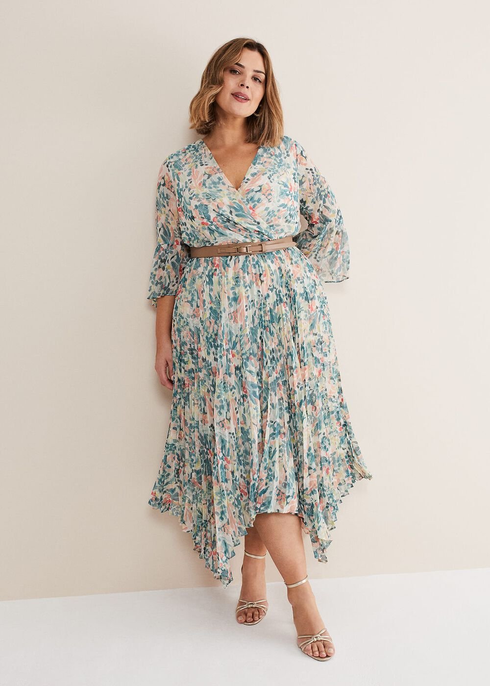 Floral Print Pleated Midi Wrap Dress with Belt Multi-Coloured
