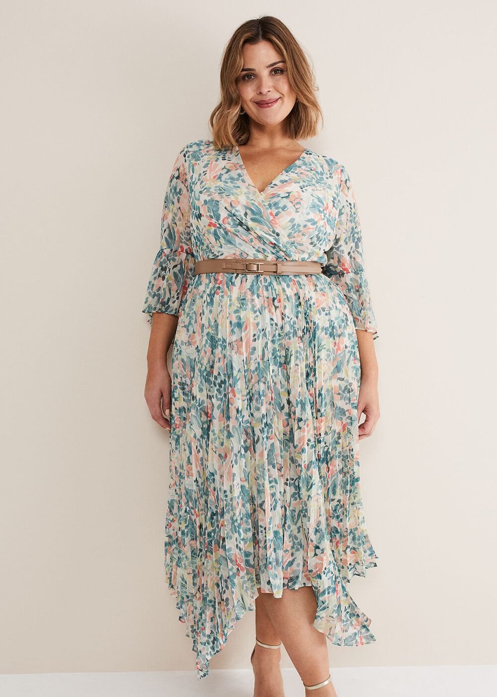 Floral Print Pleated Midi Wrap Dress with Belt Multi-Coloured