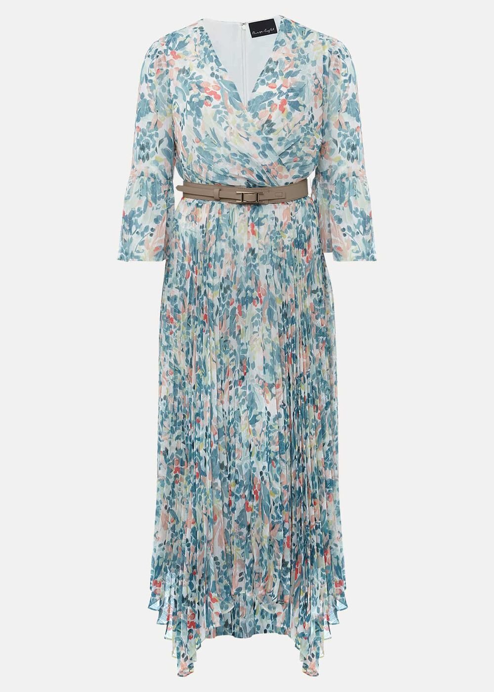 Floral Print Pleated Midi Wrap Dress with Belt Multi-Coloured