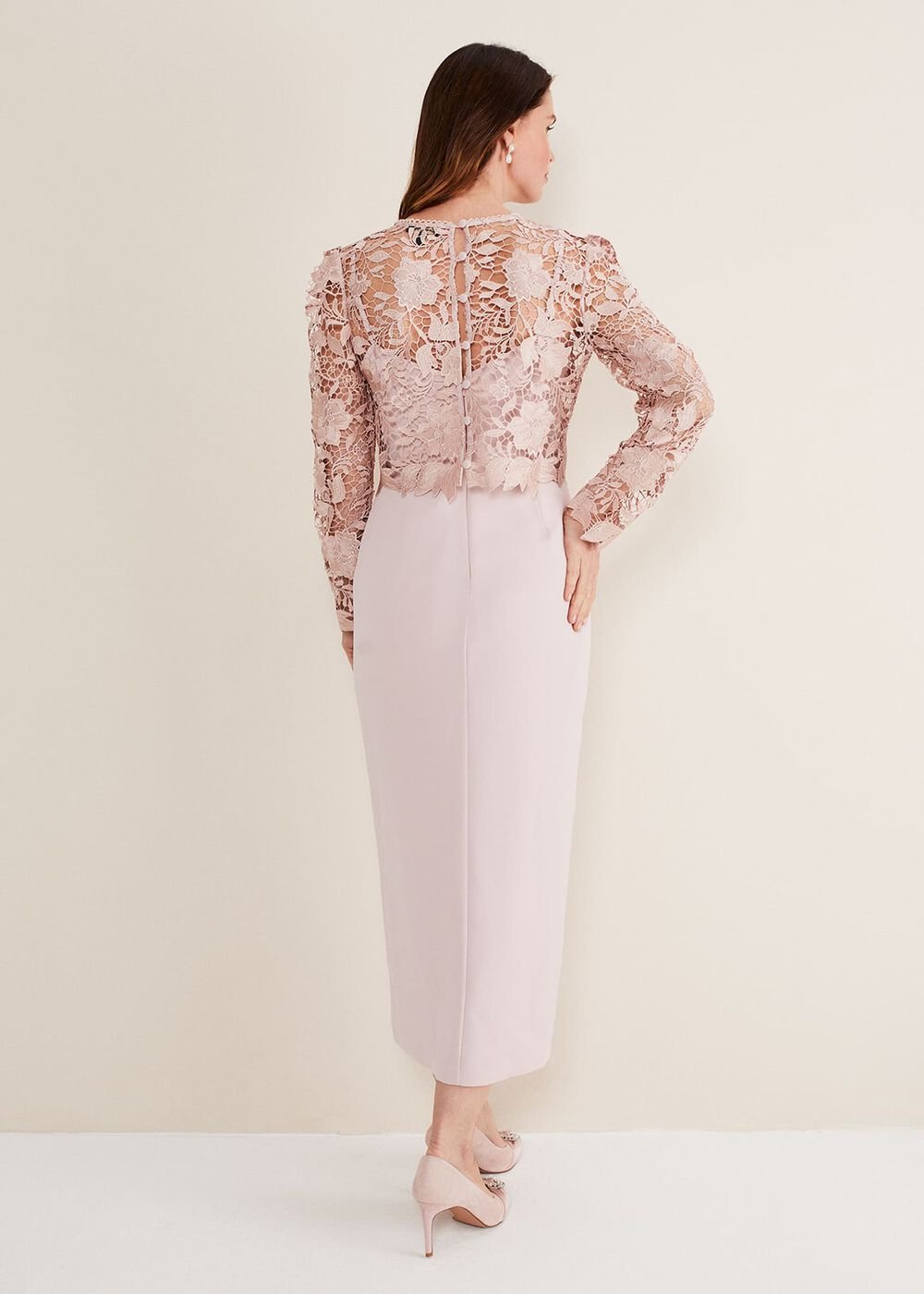 Light Pink Lace Bodice Midi Dress Antique Rose