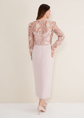 Light Pink Lace Bodice Midi Dress Antique Rose