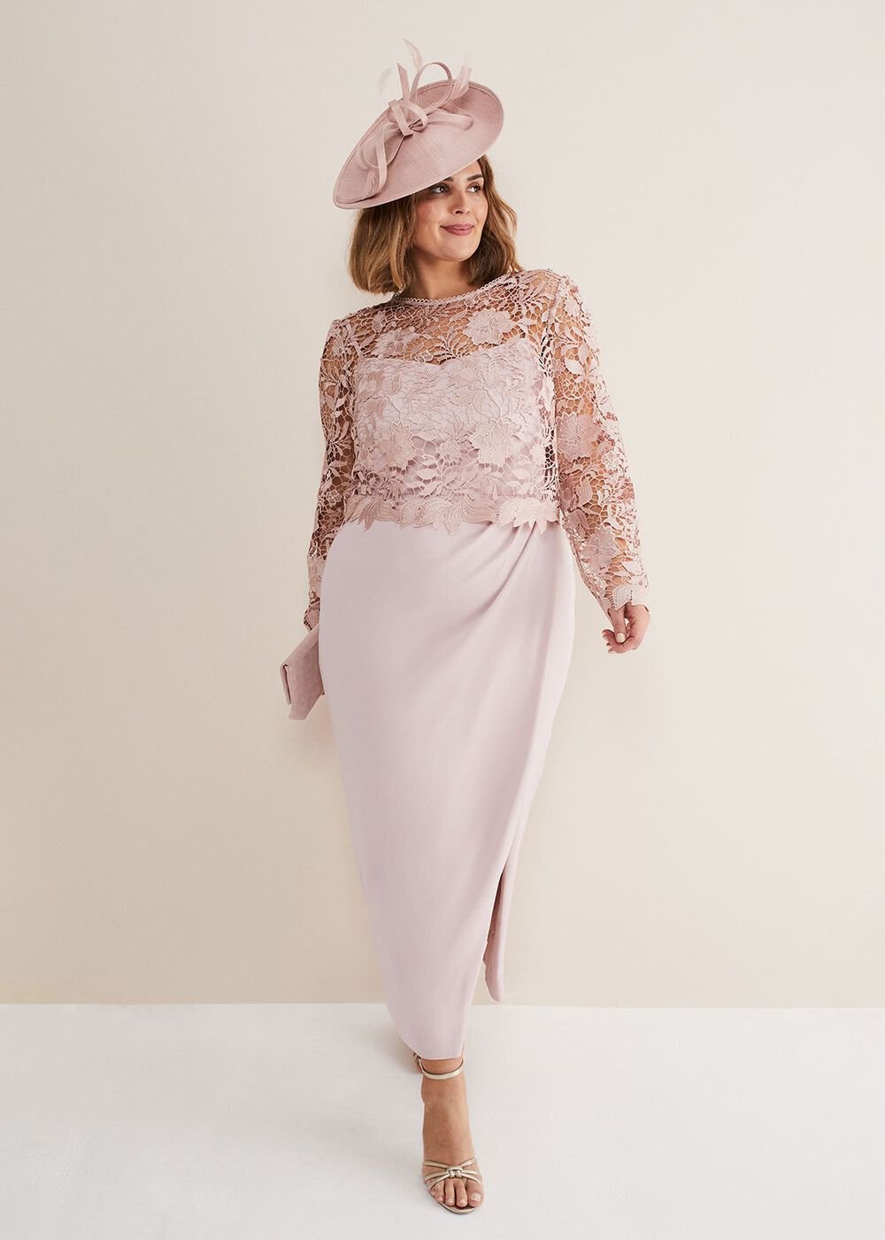 Light Pink Lace Bodice Midi Dress Antique Rose