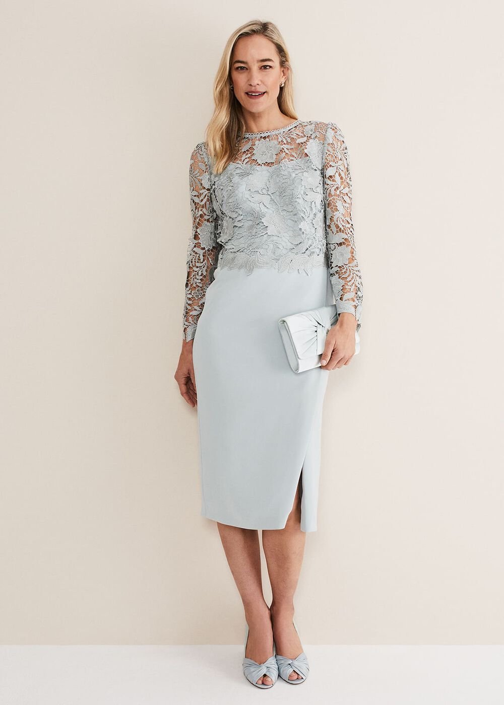 Light Blue Lace Overlay Pencil Dress Eau De Nil