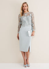 Light Blue Lace Overlay Pencil Dress Eau De Nil
