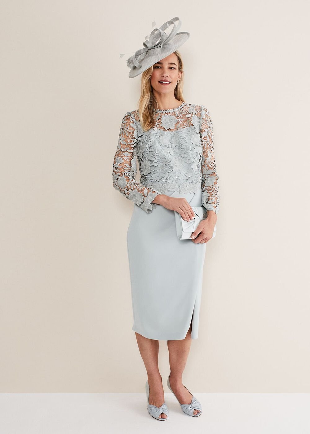 Light Blue Lace Overlay Pencil Dress Eau De Nil