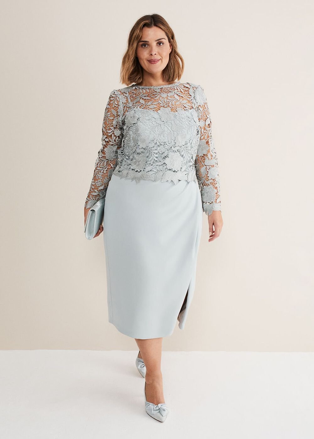 Light Blue Lace Overlay Pencil Dress Eau De Nil