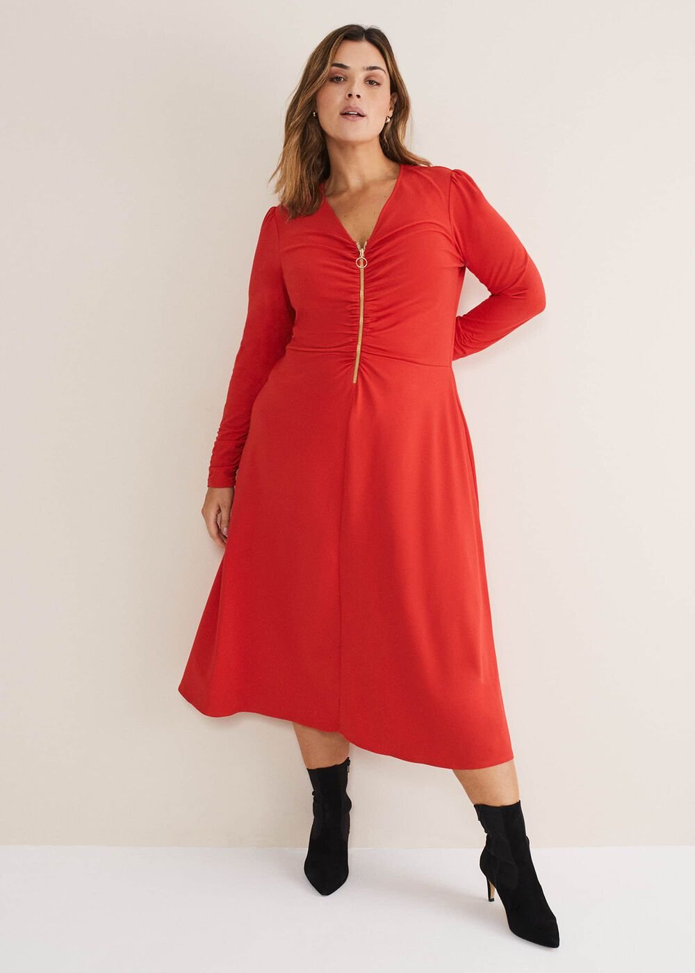 Irisa Zip Ruched Midi Dress Red