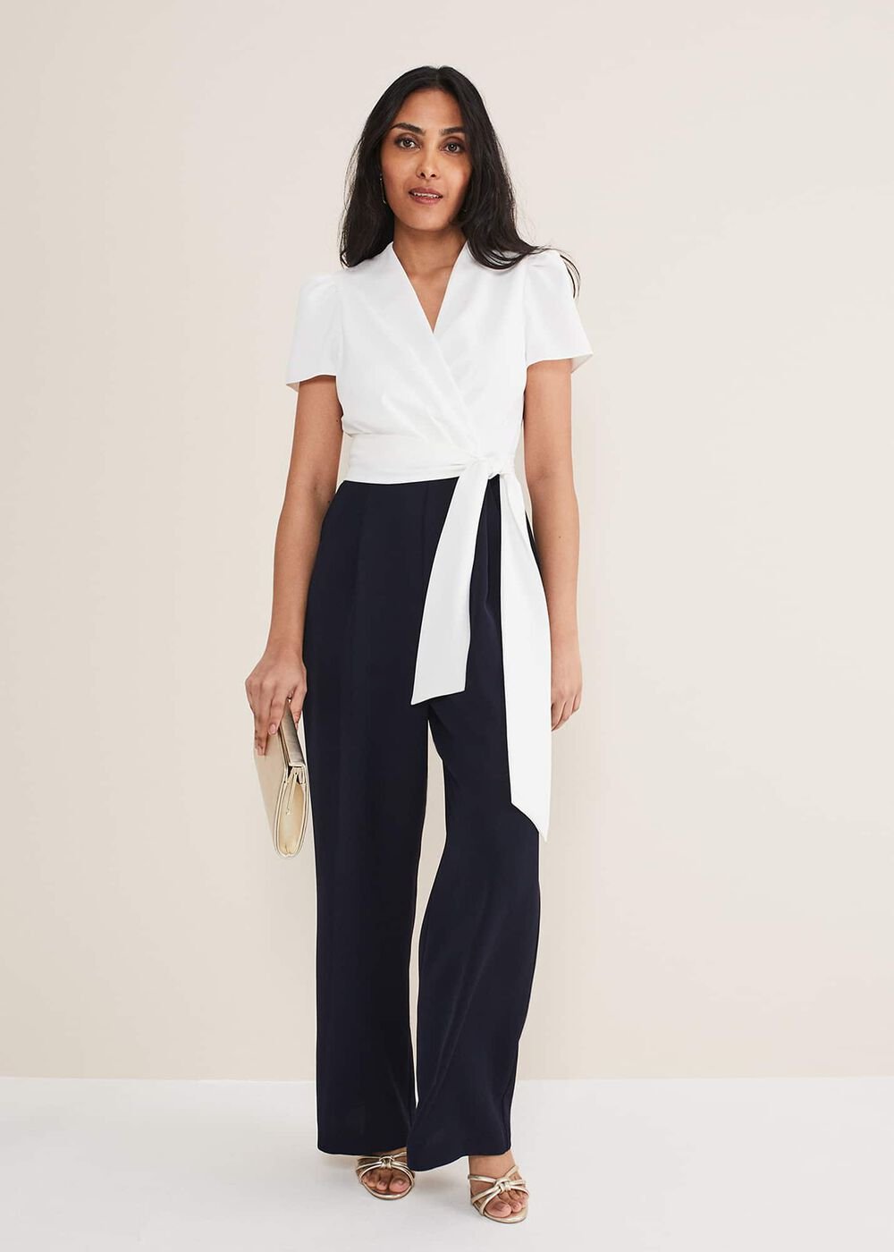 Petite Eloise Wide Leg Jumpsuit Ivory/Navy