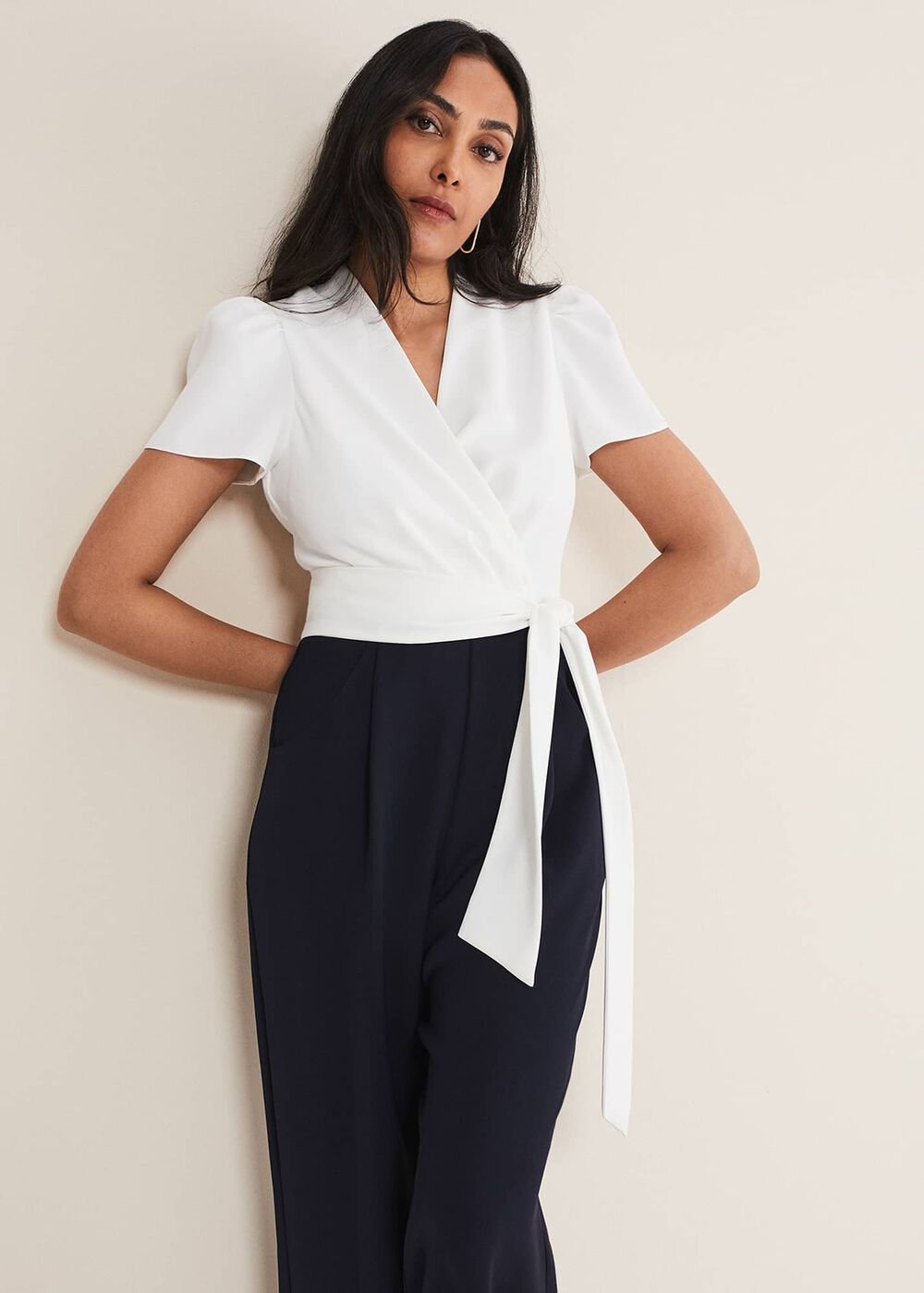 Petite Eloise Wide Leg Jumpsuit Ivory/Navy