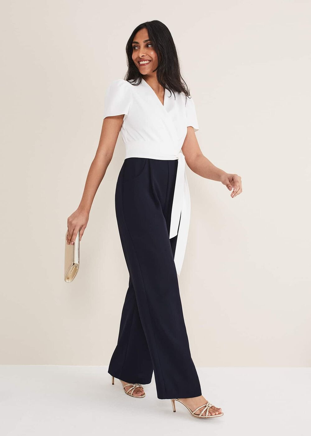 Petite Eloise Wide Leg Jumpsuit Ivory/Navy