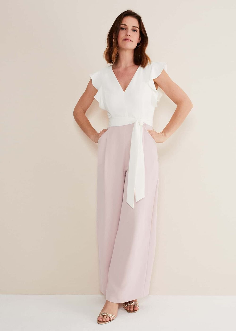 Kallie V Neck Frill Jumpsuit Antique Rose/Ivory