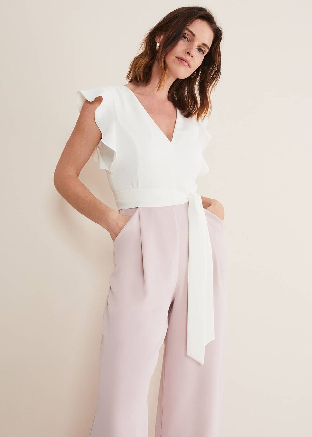 Kallie V Neck Frill Jumpsuit Antique Rose/Ivory