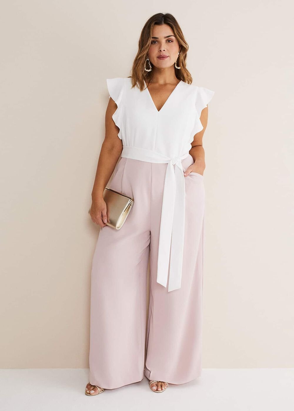 Kallie V Neck Frill Jumpsuit Antique Rose/Ivory