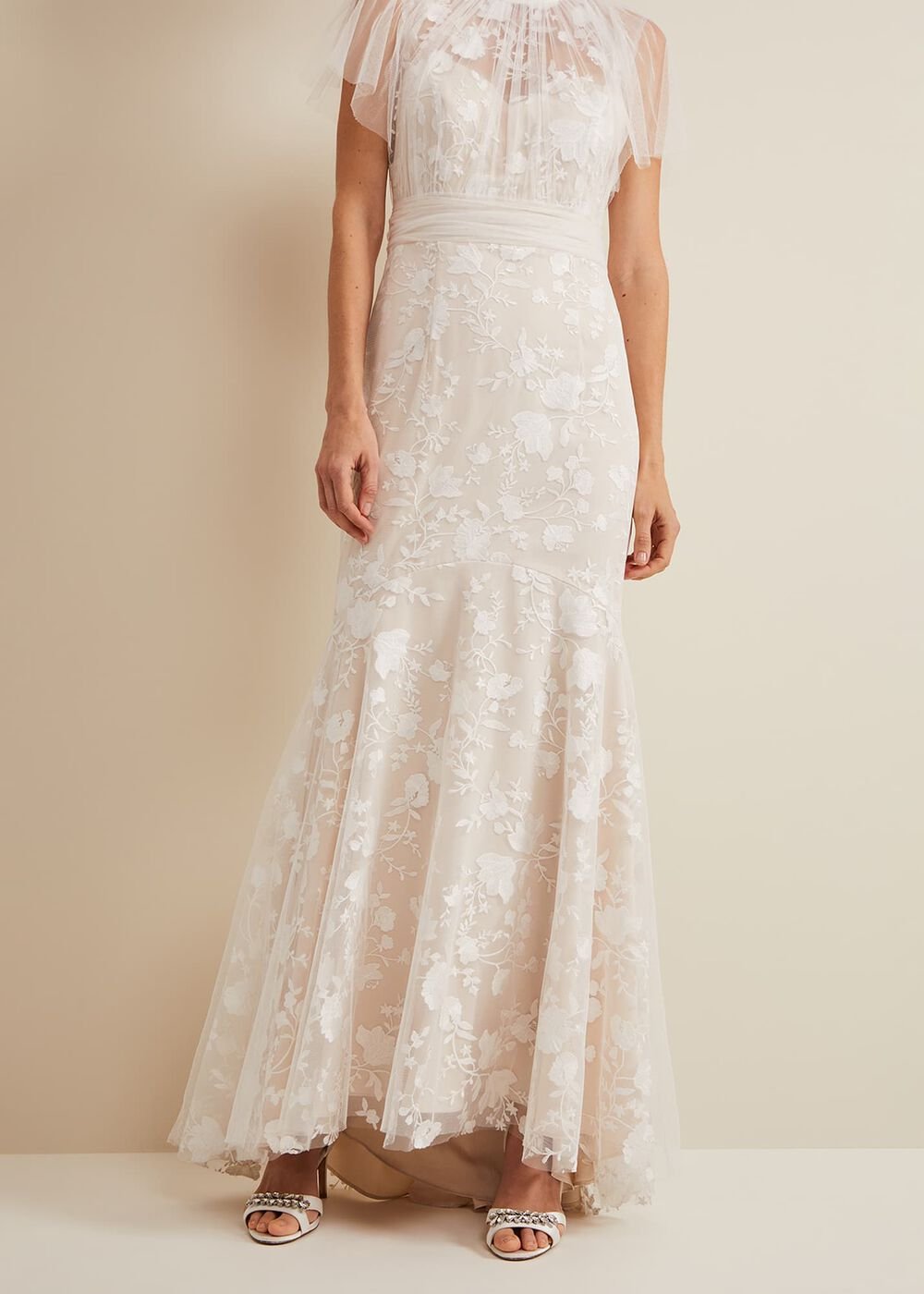 Delilah Mesh Embroidered Maxi Wedding Dress Parchment