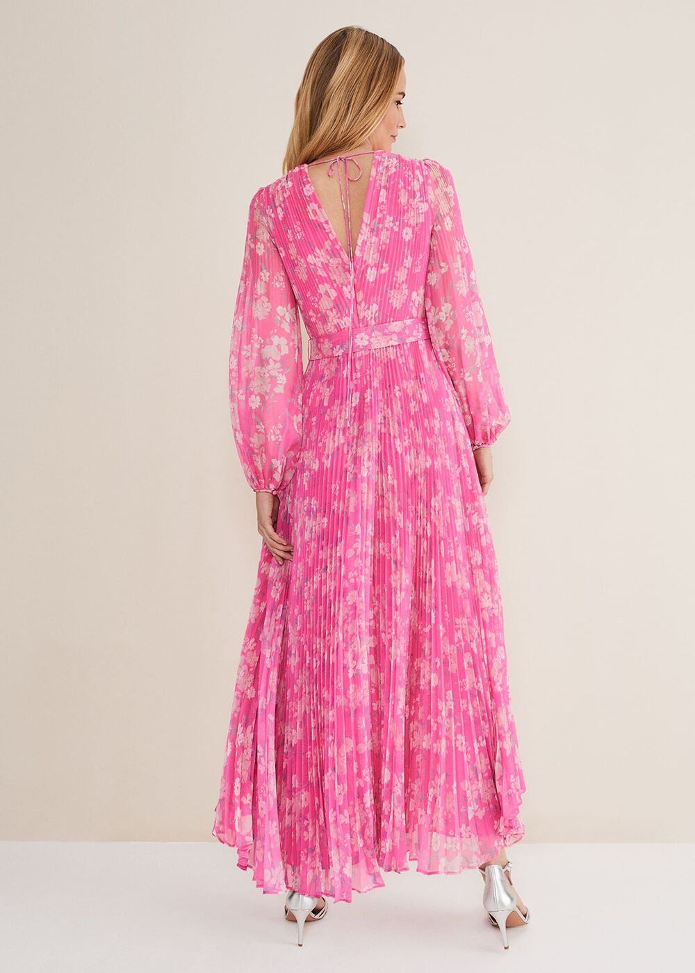Neon Pink Floral Pleated Maxi Dress Neon Pink