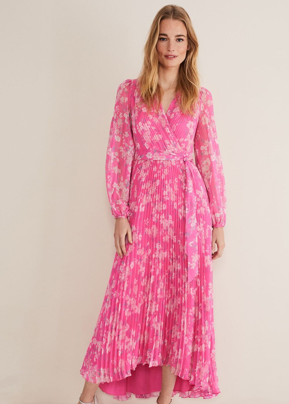 Neon Pink Floral Pleated Maxi Dress Neon Pink