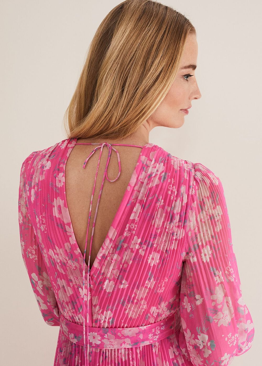 Neon Pink Floral Pleated Maxi Dress Neon Pink