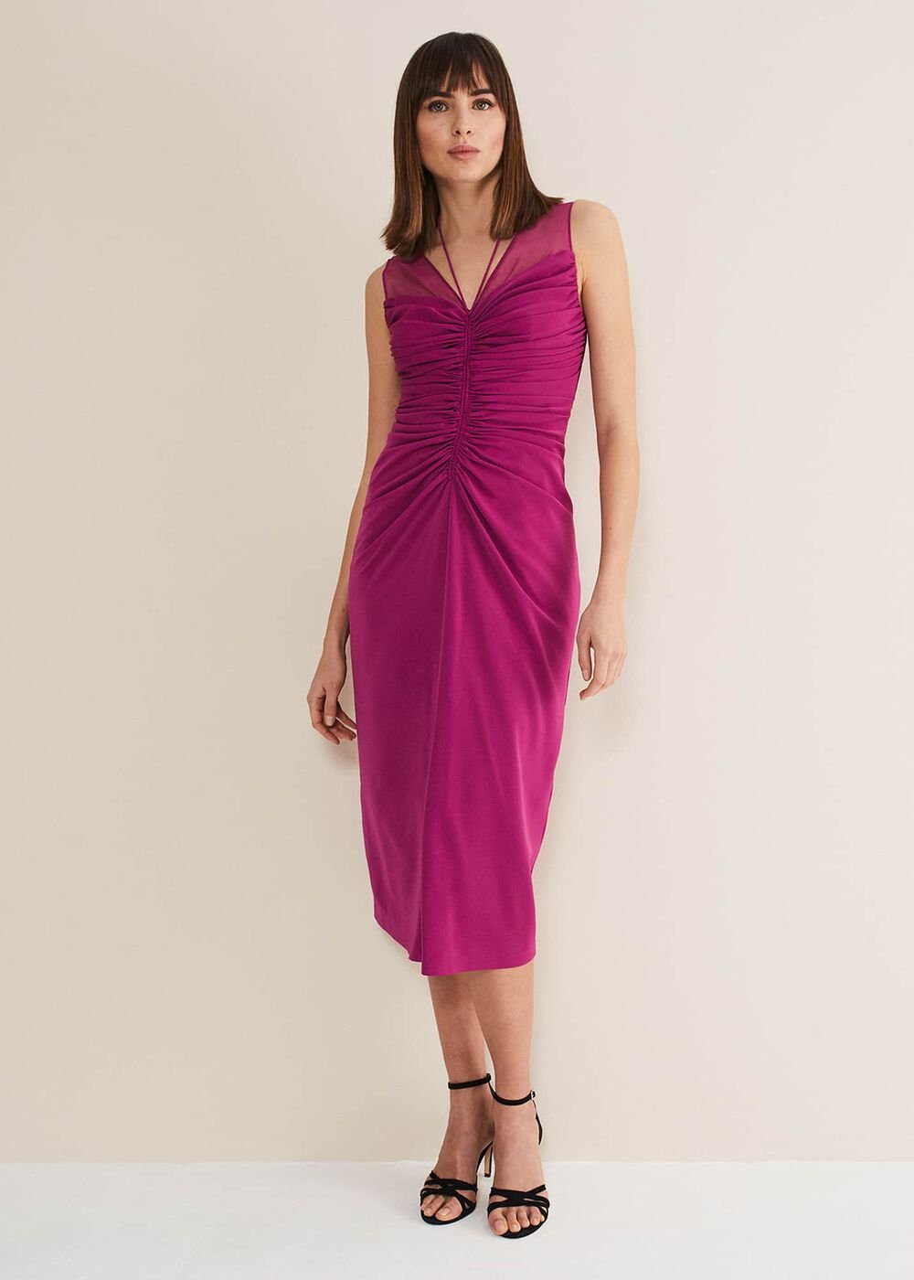 Leah Ruched Midi Dress Magenta