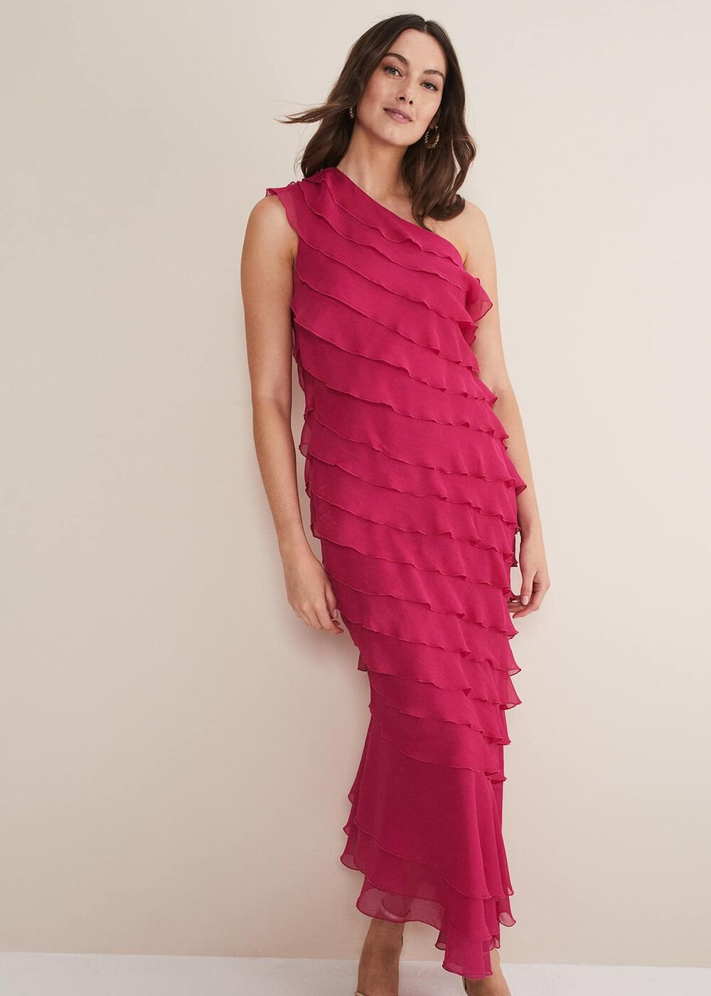 Kelsey Layered One Shoulder Maxi Dress Fuschia