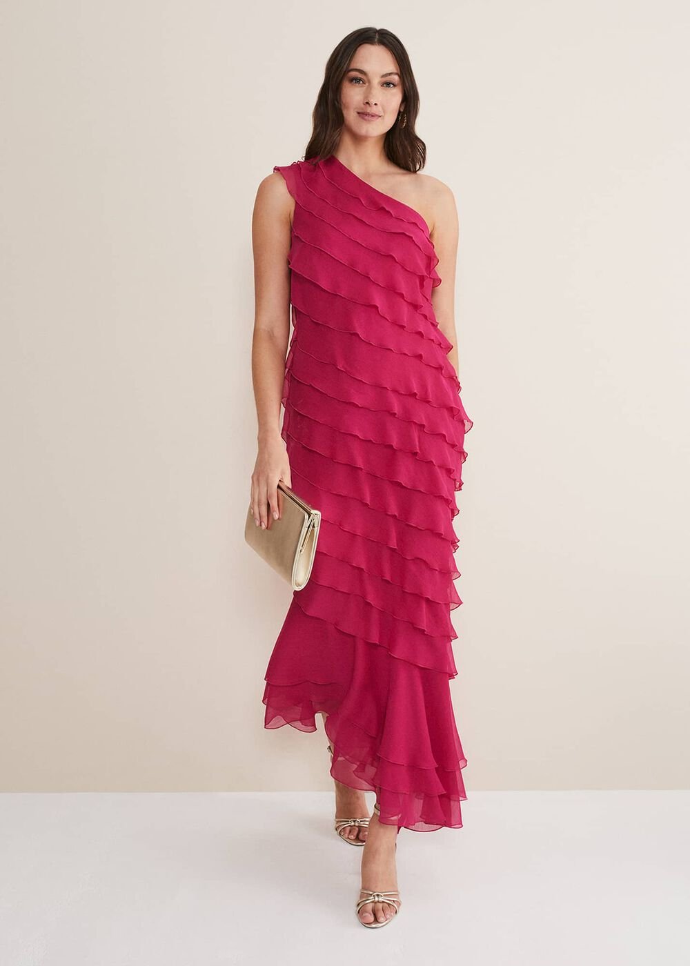 Kelsey Layered One Shoulder Maxi Dress Fuschia