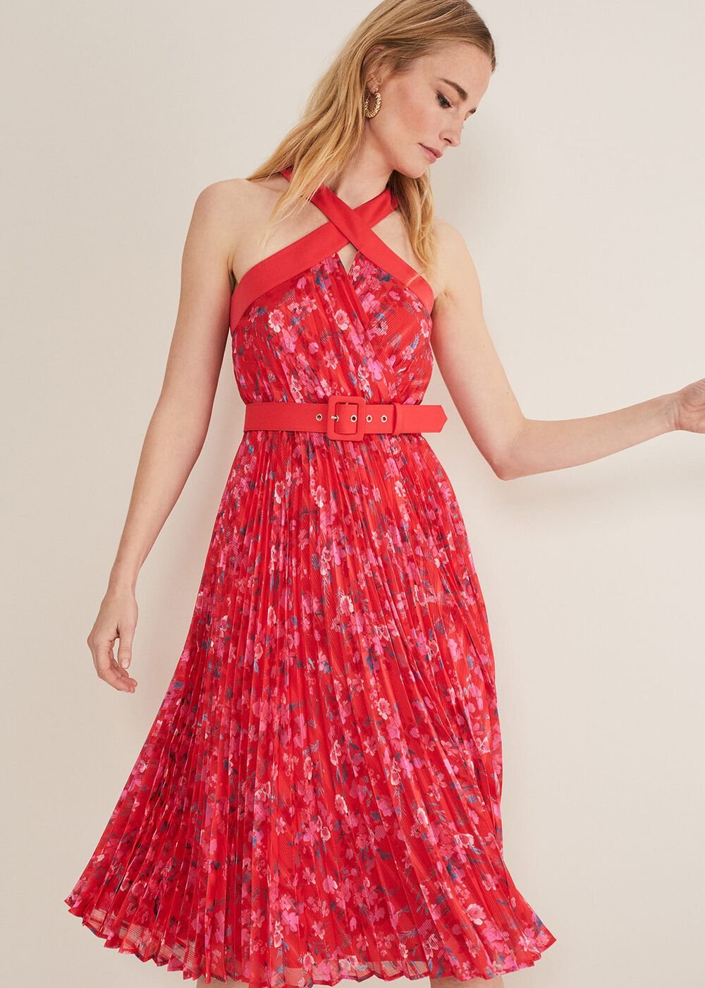 Zoya Pleat Midi Floral Dress Red/Pink