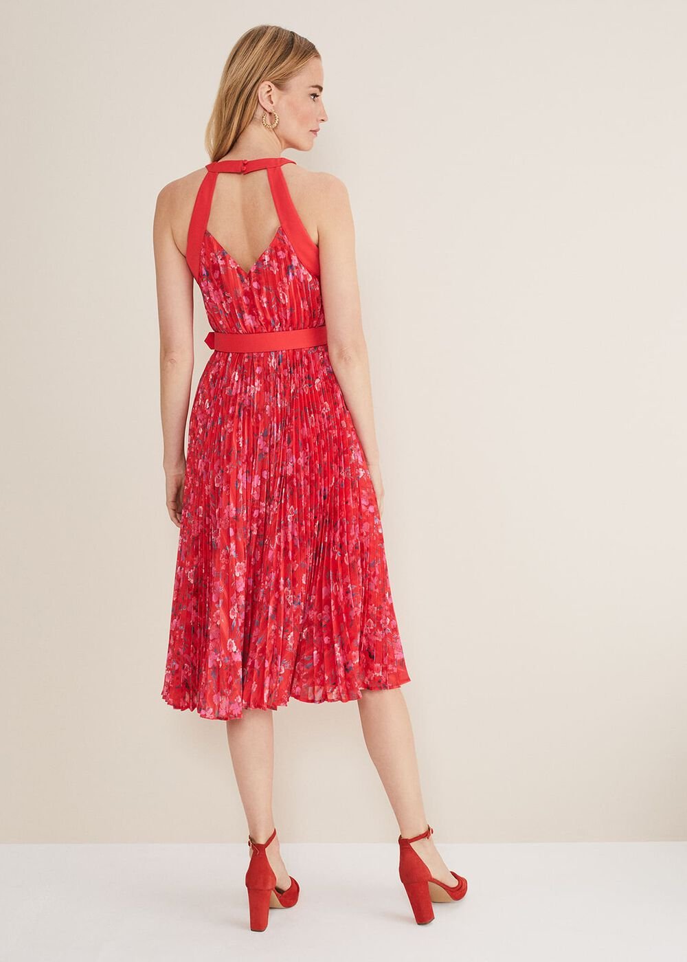 Zoya Pleat Midi Floral Dress Red/Pink
