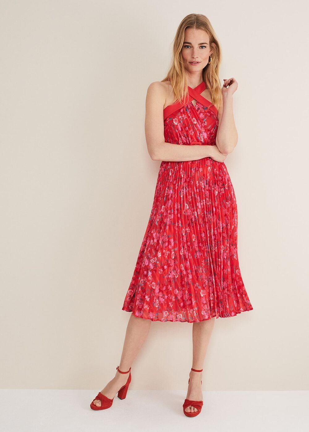 Zoya Pleat Midi Floral Dress Red/Pink