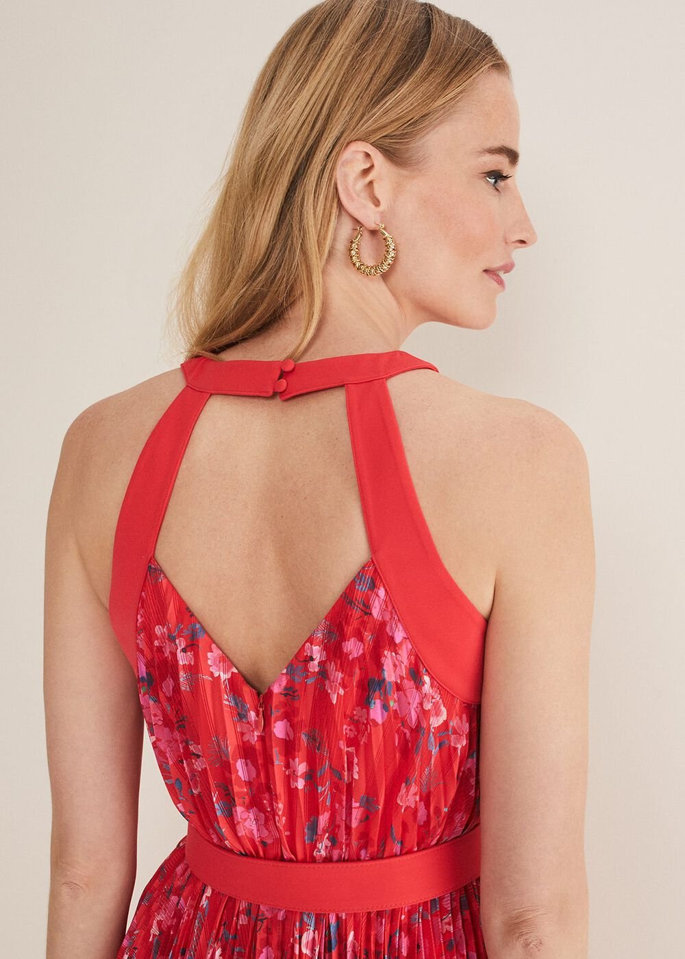 Zoya Pleat Midi Floral Dress Red/Pink