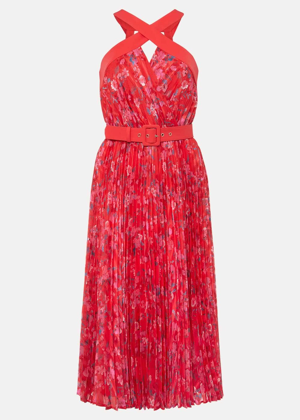 Zoya Pleat Midi Floral Dress Red/Pink