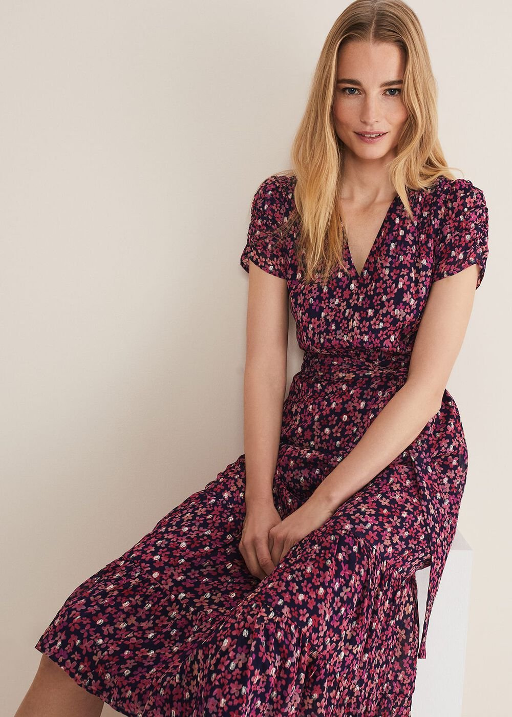 Azalea Ditsy Short Sleeve Midi Dress Pink/Multi