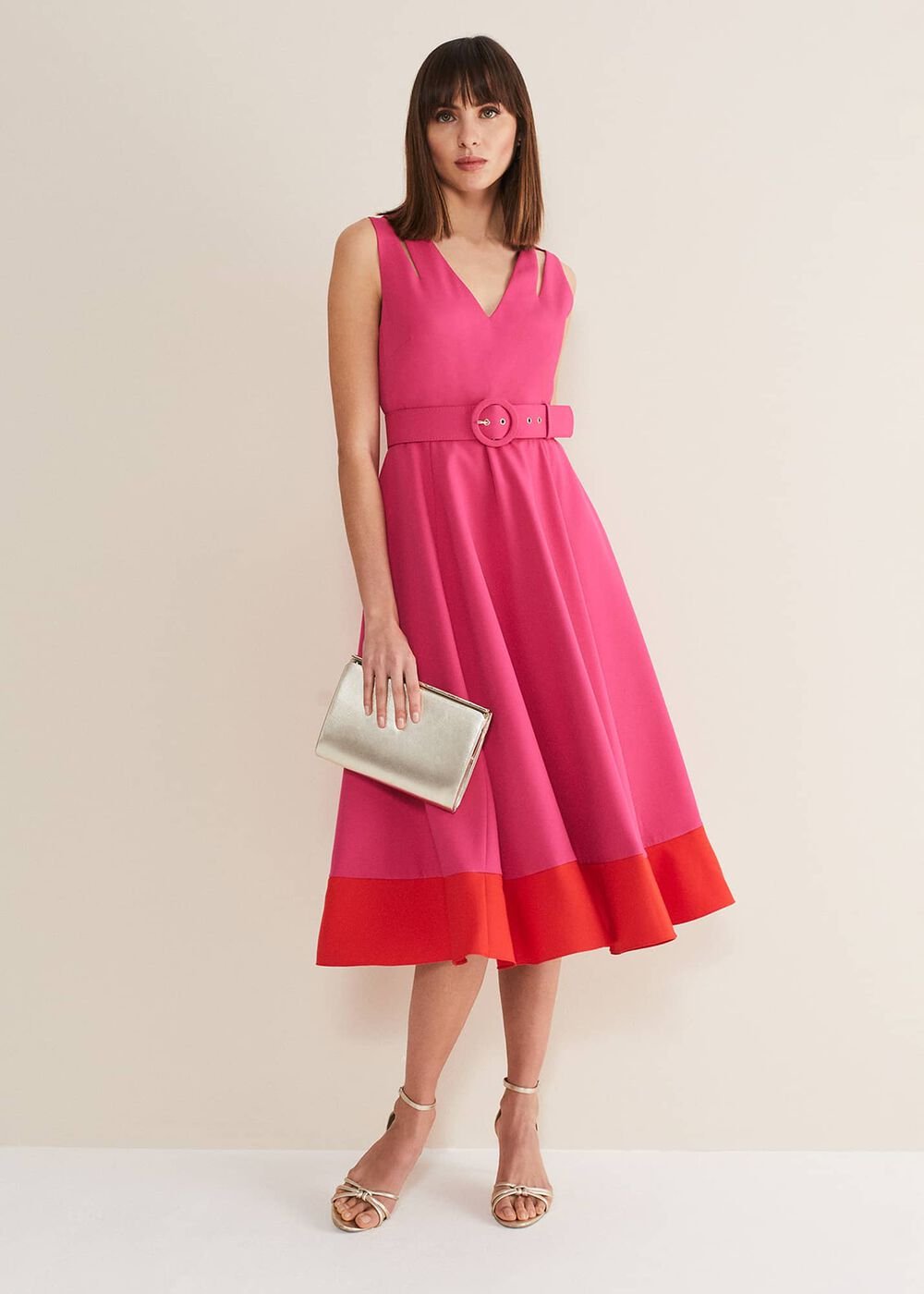 Raquel Belted Fit And Flare Dress Fuchsia/Red