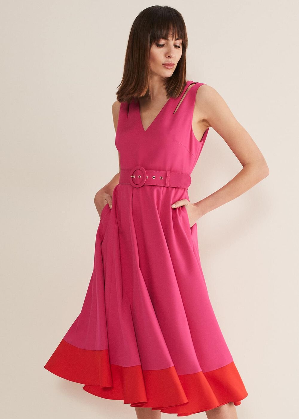 Raquel Belted Fit And Flare Dress Fuchsia/Red