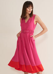 Raquel Belted Fit And Flare Dress Fuchsia/Red