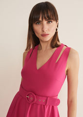 Raquel Belted Fit And Flare Dress Fuchsia/Red