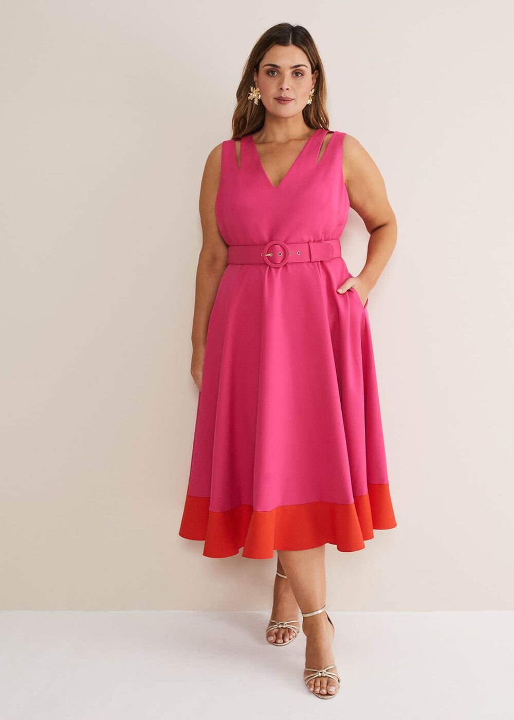 Raquel Belted Fit And Flare Dress Fuchsia/Red