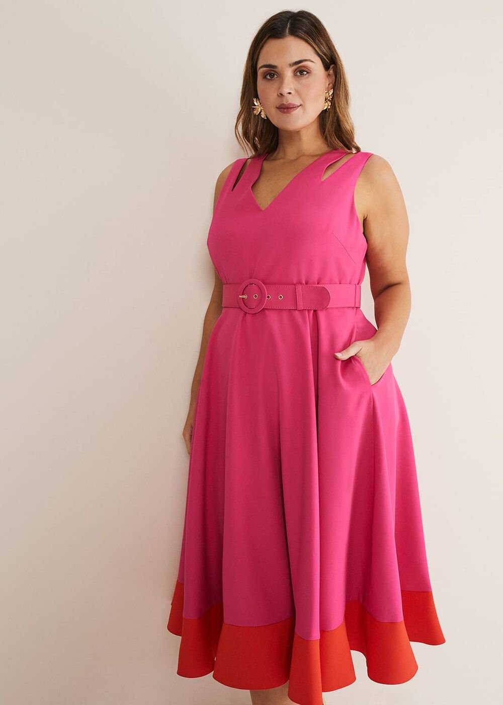 Raquel Belted Fit And Flare Dress Fuchsia/Red