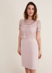 Pale Pink Midi Dress with Detachable Lace Overlay Top Antique Rose