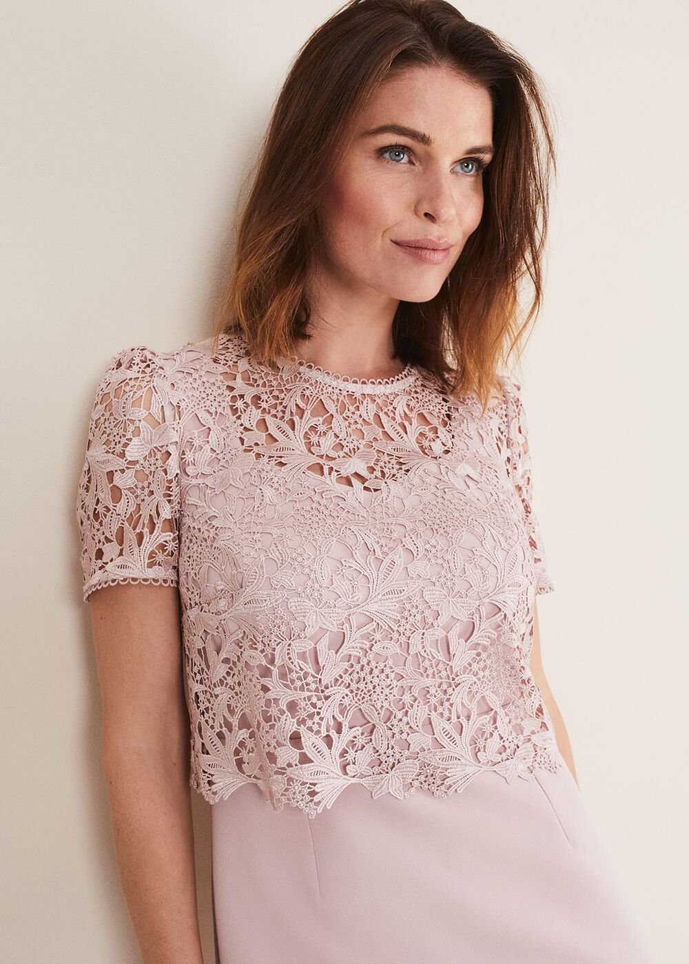 Pale Pink Midi Dress with Detachable Lace Overlay Top Antique Rose
