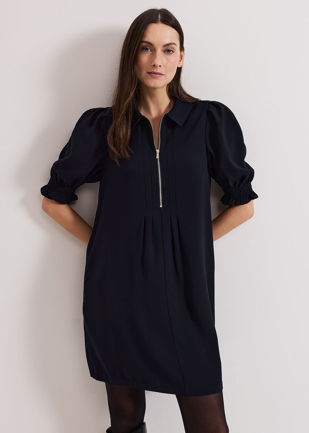 Navy Zip Mini Dress with Frill Sleeve Cuffs Navy