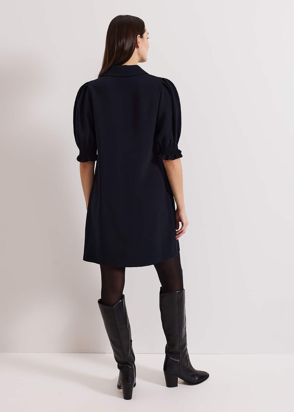 Navy Zip Mini Dress with Frill Sleeve Cuffs Navy