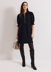 Navy Zip Mini Dress with Frill Sleeve Cuffs Navy