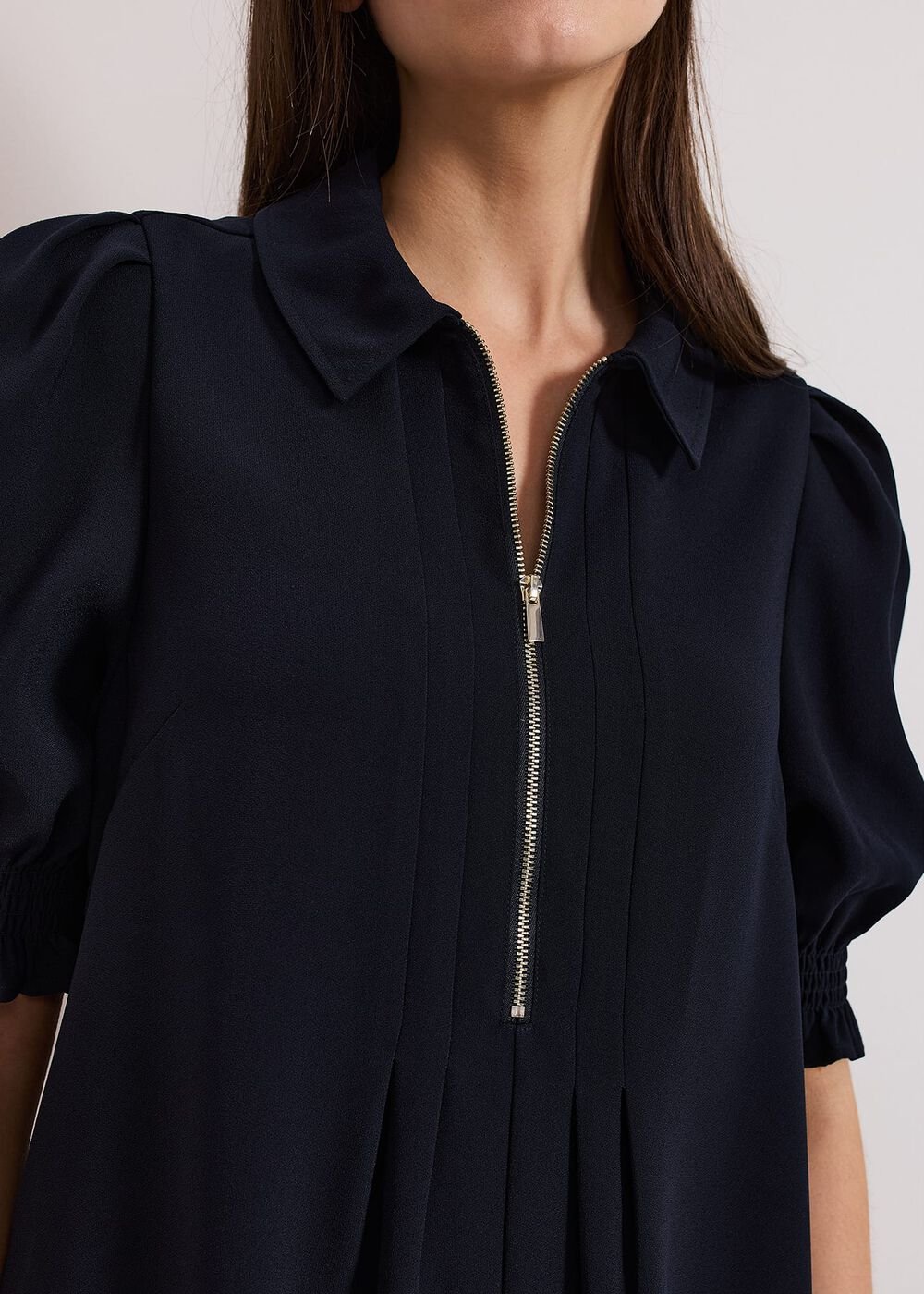Navy Zip Mini Dress with Frill Sleeve Cuffs Navy
