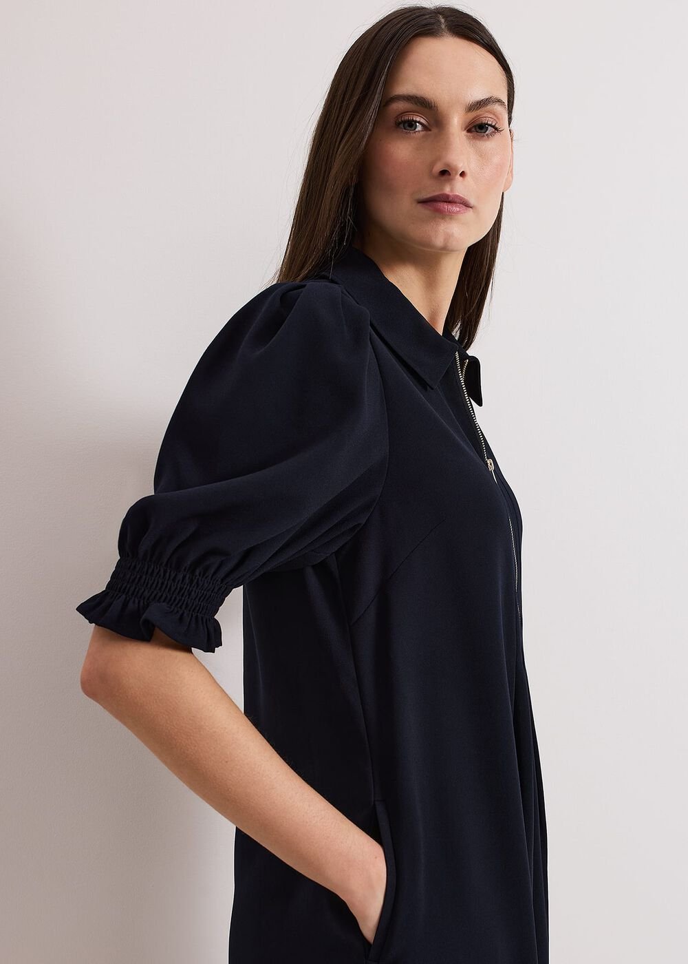 Navy Zip Mini Dress with Frill Sleeve Cuffs Navy