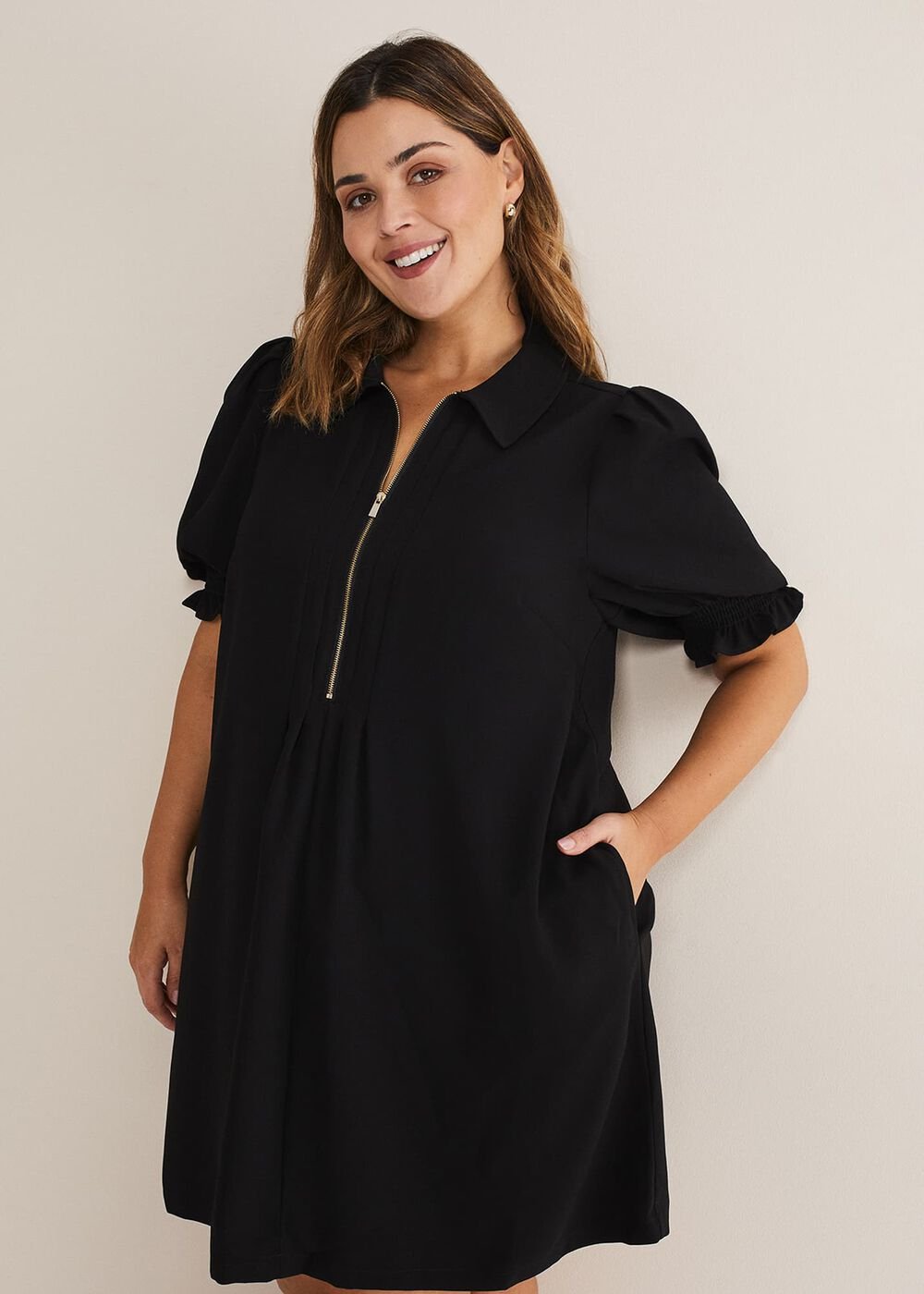 Navy Zip Mini Dress with Frill Sleeve Cuffs Navy